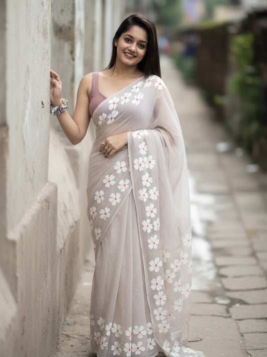 Floral Hand Print Gray Mul Cotton Saree For Women