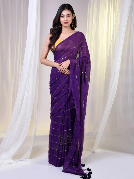 Golden Striped Purple Premium Cotton Saree For Women