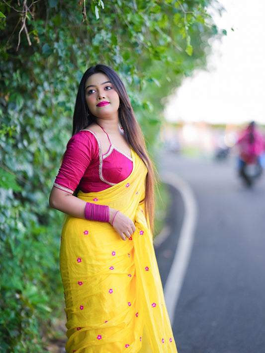 Aparna Yellow Saree With Embroidery Work Mul Cotton Saree For Women