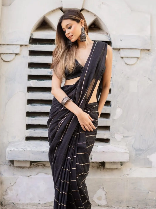 Aparna Black Premium Mul Cotton Saree With Golden Stripe For Women