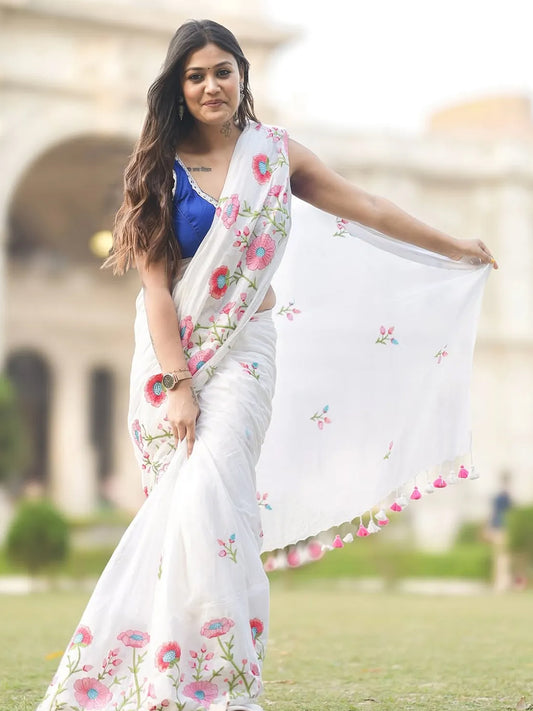 Premium White Saree With Embroidery Work For Women