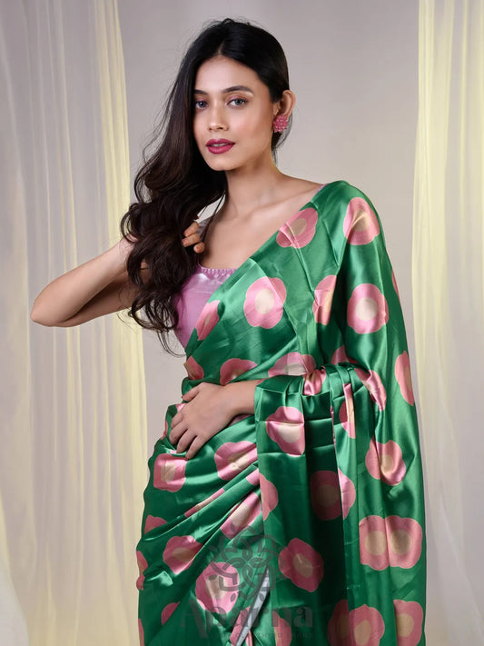 Aparna Green Satin Saree With Peach Colour Prints Saree For Women