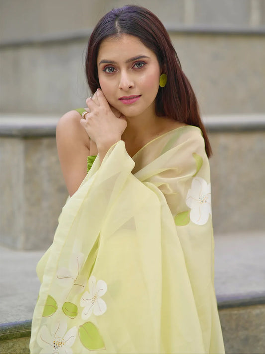 Aparna Yellow Abstract Flower Print Fine Organza Saree For Women