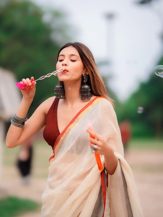 Aparna Off White Premium Mul cotton Saree For Women
