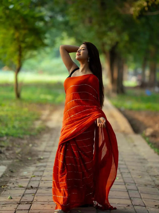 Aparna Cherry Red Premium Mul Cotton Saree With Golden Stripe Mul Cotton Saree