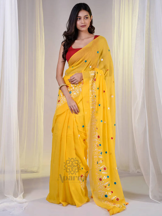 Aparna Yellow Cotton Solid Embroidery Solid Saree For Women
