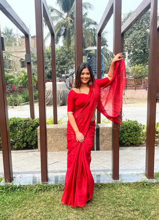 Aparna Cherry Red Raga Tissue Saree For Women & Girls