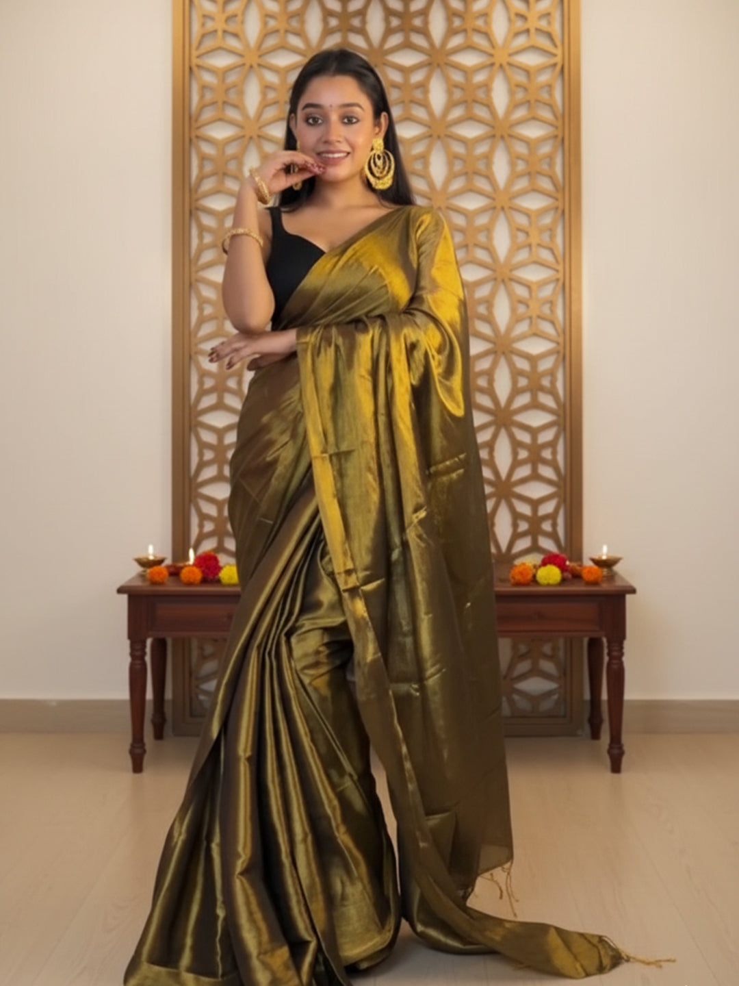 Copper Golden Raga Tissue Dual Tone Saree with Unstitched Blouse Piece For Women