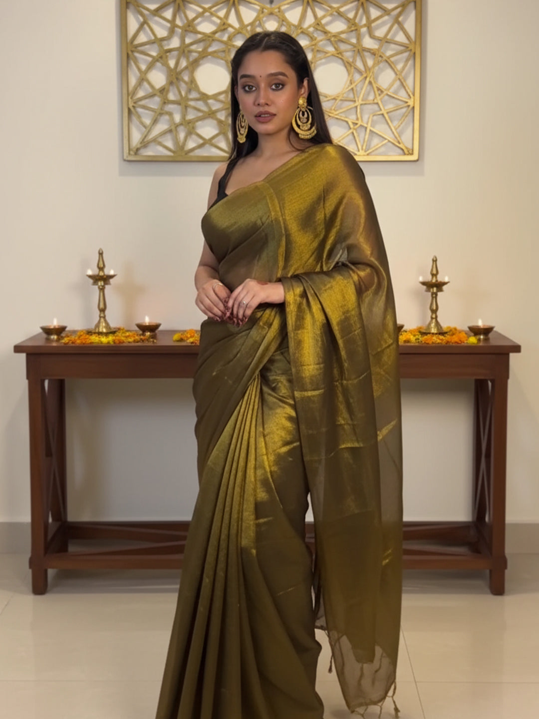 Copper Golden Raga Tissue Dual Tone Saree with Unstitched Blouse Piece For Women