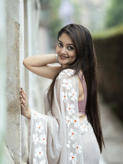 Floral Hand Print Gray Mul Cotton Saree For Women