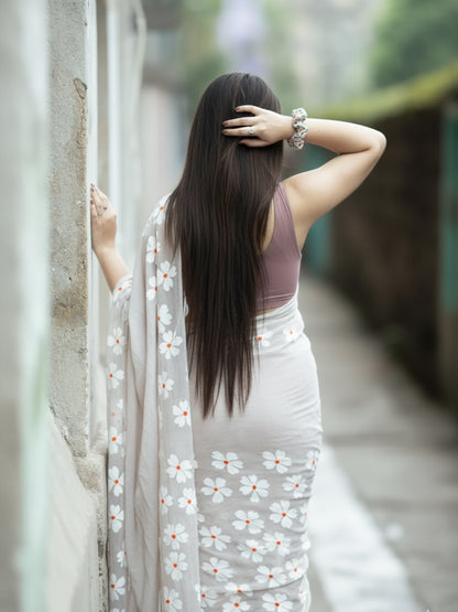 Floral Hand Print Gray Mul Cotton Saree For Women
