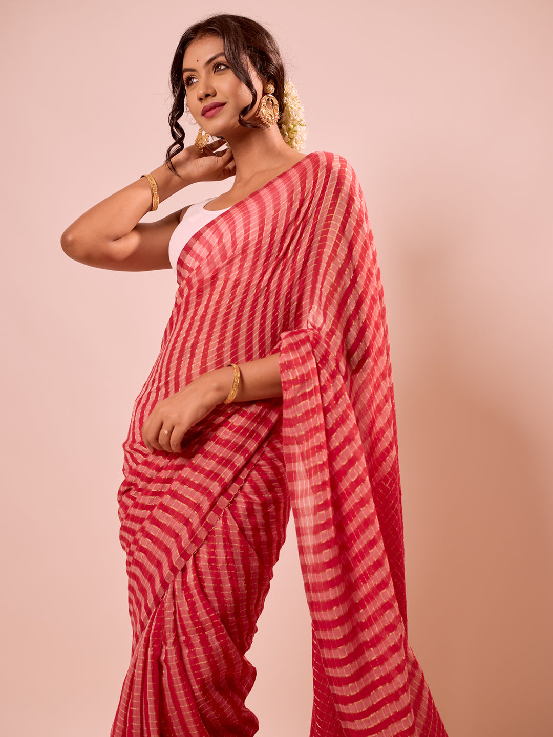 Aparna Red And Golden Stripe Premium Mul Cotton Saree