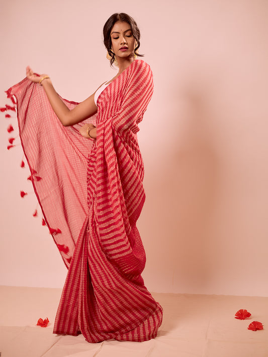 Aparna Red And Golden Stripe Premium Mul Cotton Saree