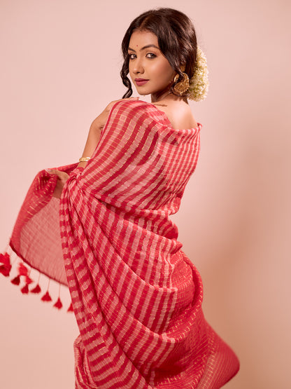 Aparna Red And Golden Stripe Premium Mul Cotton Saree