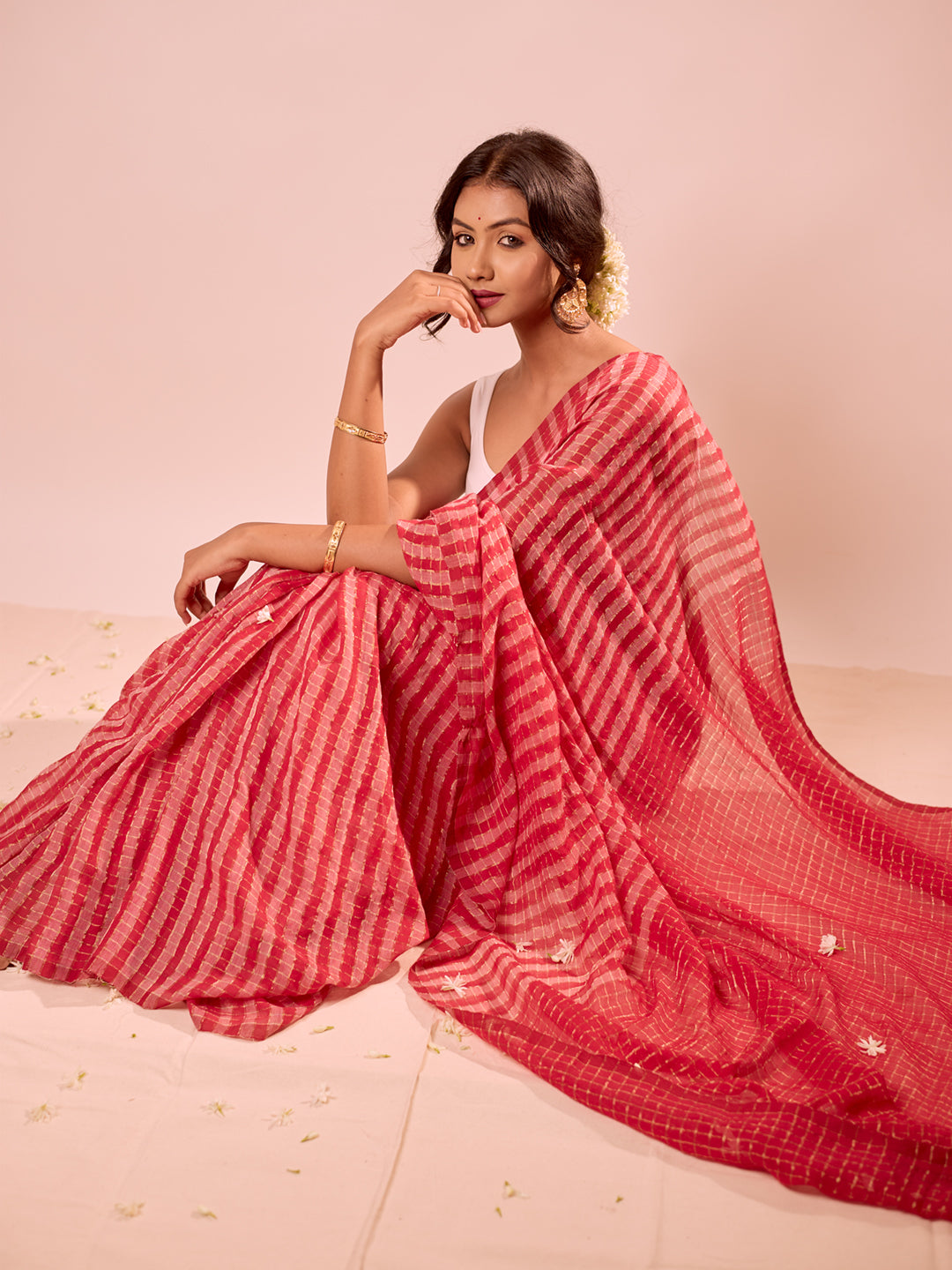 Aparna Red And Golden Stripe Premium Mul Cotton Saree