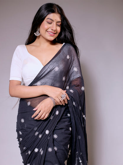 Aparna Black Premium Mul Cotton Embroidery Saree For Women