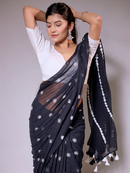 Aparna Black Premium Mul Cotton Embroidery Saree For Women
