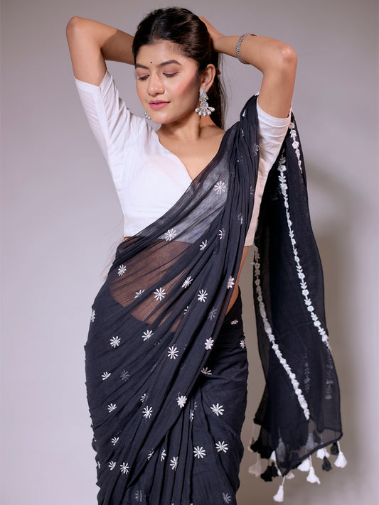 Aparna Black Premium Mul Cotton Embroidery Saree For Women