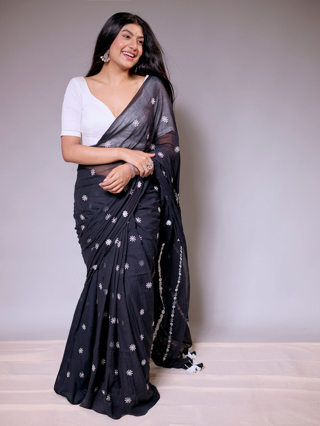 Aparna Black Premium Mul Cotton Embroidery Saree For Women