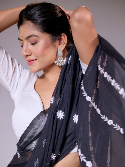 Aparna Black Premium Mul Cotton Embroidery Saree For Women