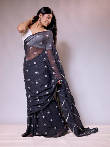 Aparna Black Premium Mul Cotton Embroidery Saree For Women