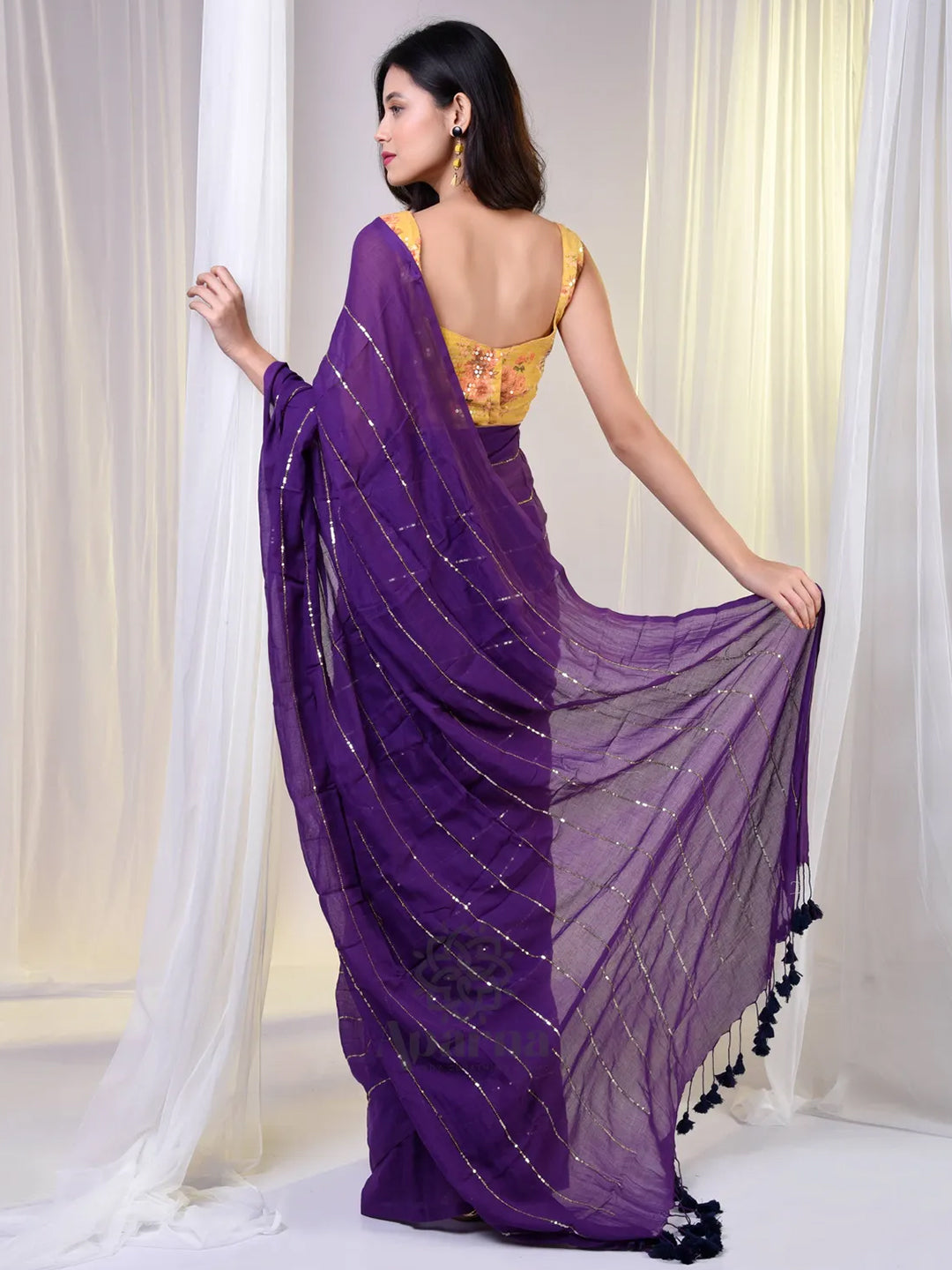 Golden Striped Purple Premium Cotton Saree For Women