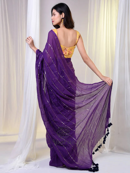 Golden Striped Purple Premium Cotton Saree For Women