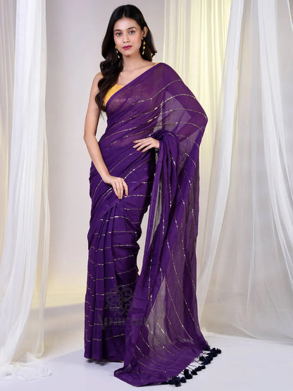 Golden Striped Purple Premium Cotton Saree For Women