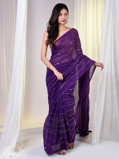 Golden Striped Purple Premium Cotton Saree For Women
