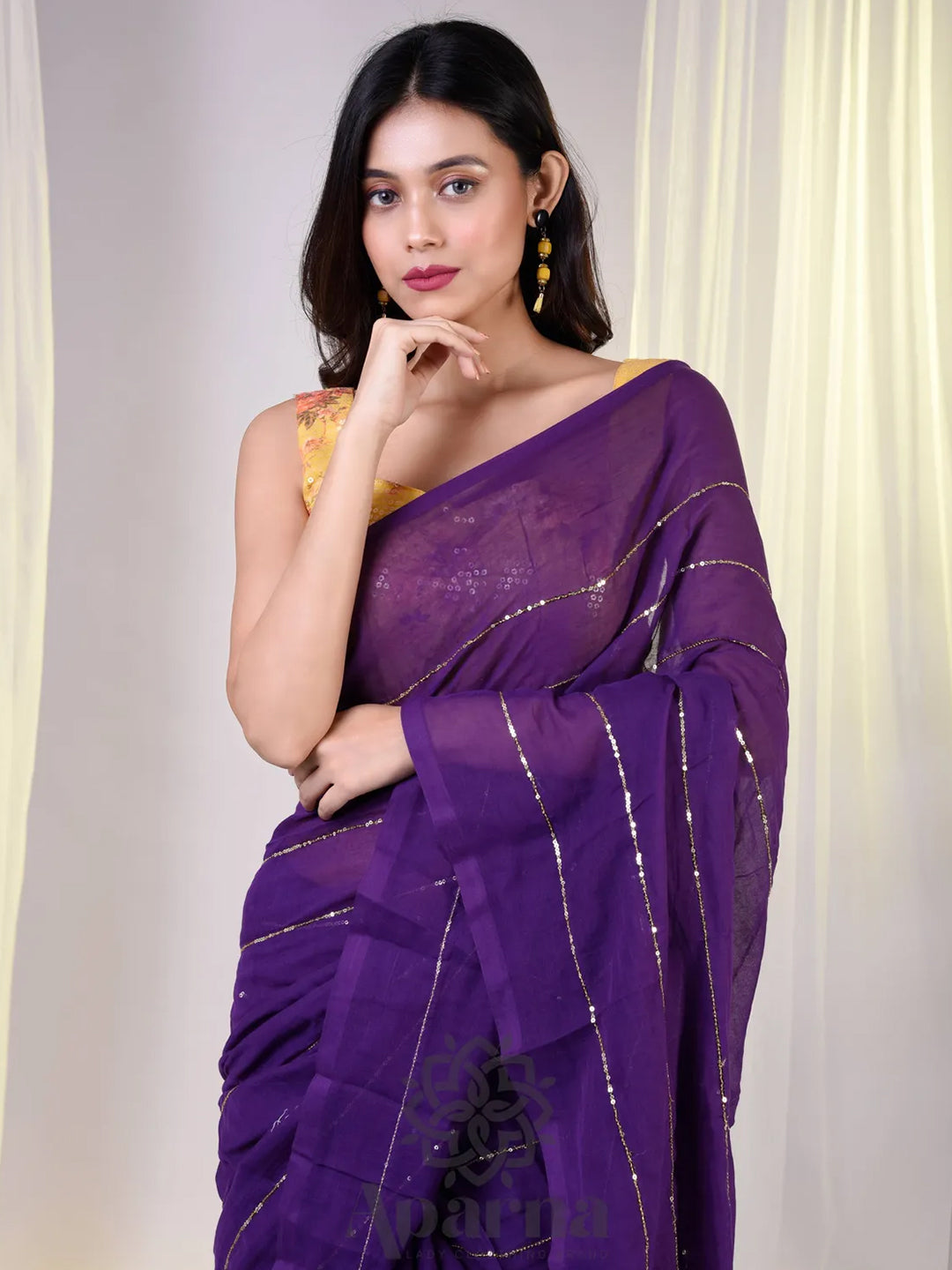 Golden Striped Purple Premium Cotton Saree For Women