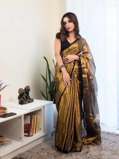 Copper Golden Raga Tissue With Black Border Saree For Women &Girls