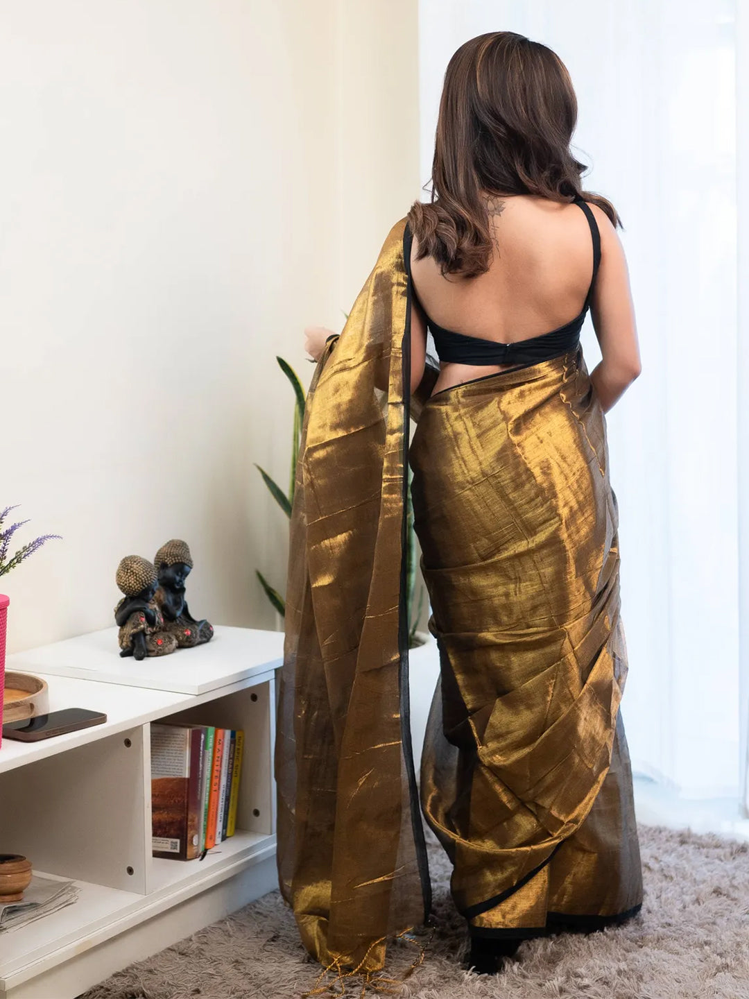 Copper Golden Raga Tissue With Black Border Saree For Women &Girls