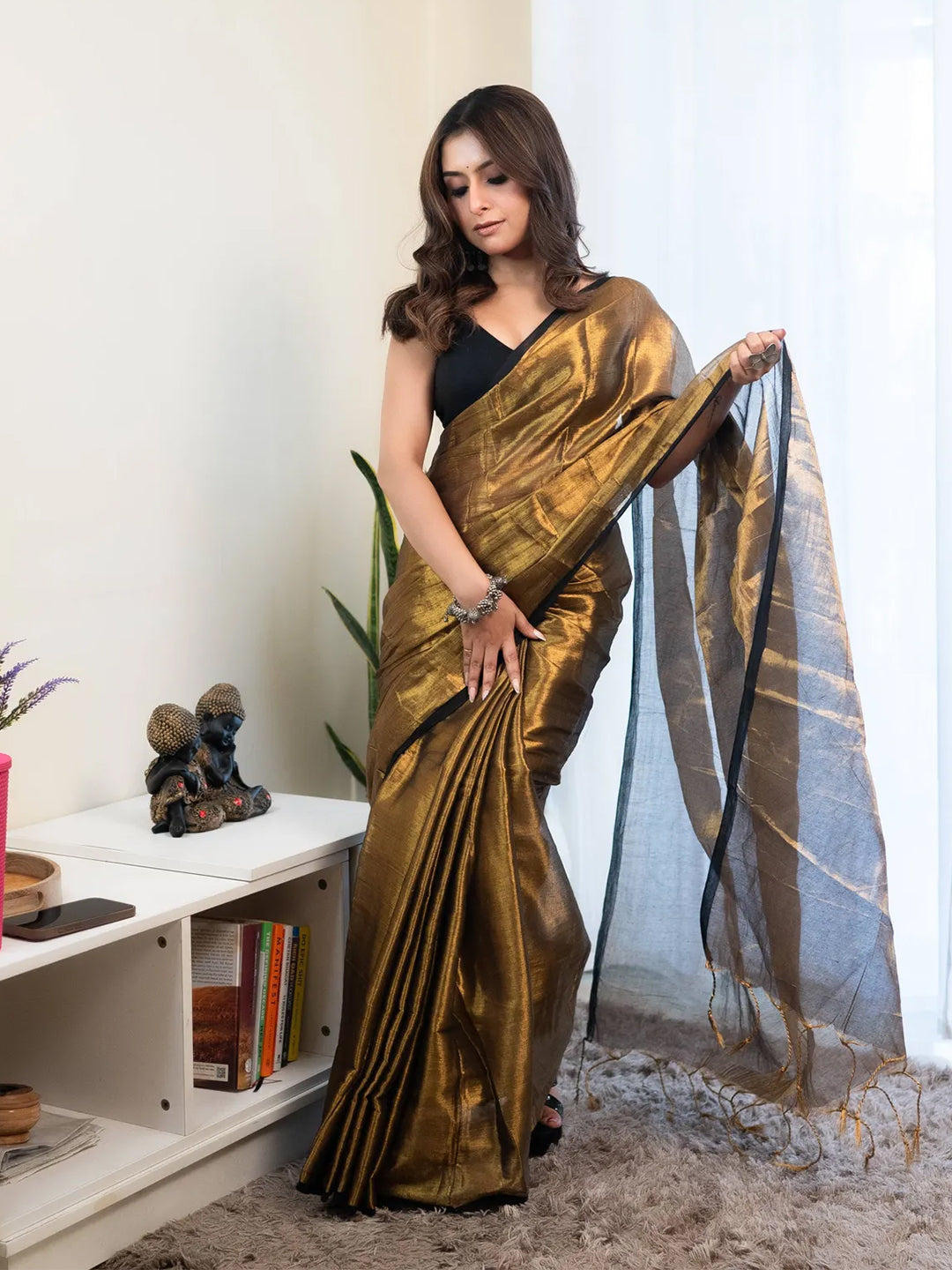Copper Golden Raga Tissue With Black Border Saree For Women &Girls