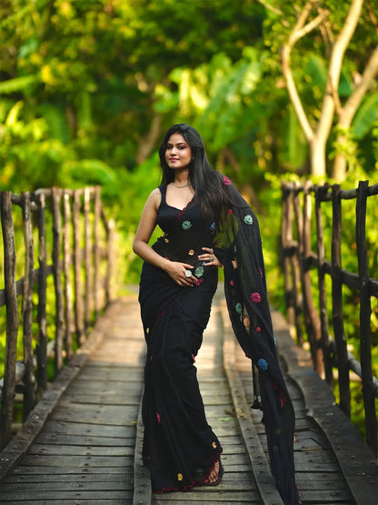 Floral Work Black Premium Mul Cotton Saree For Women