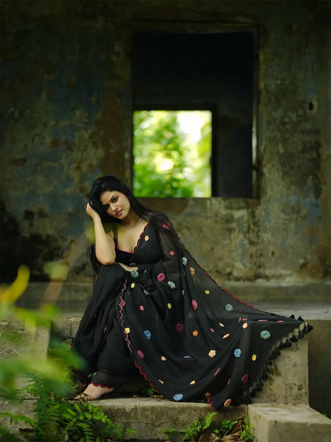Floral Work Black Premium Mul Cotton Saree For Women