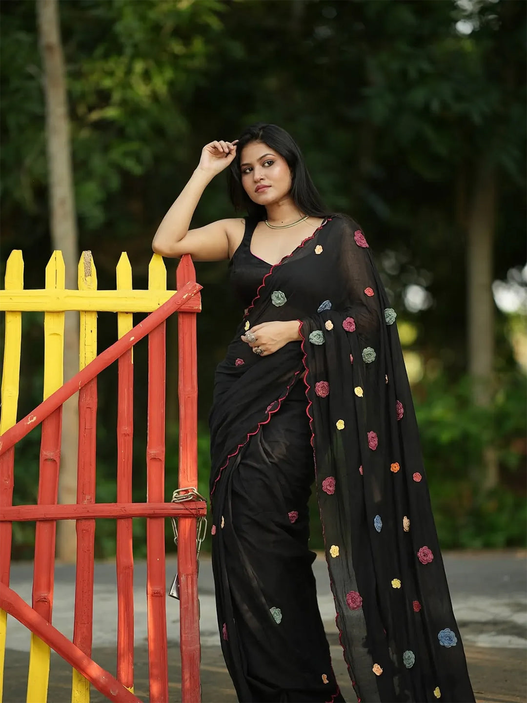 Floral Work Black Premium Mul Cotton Saree For Women