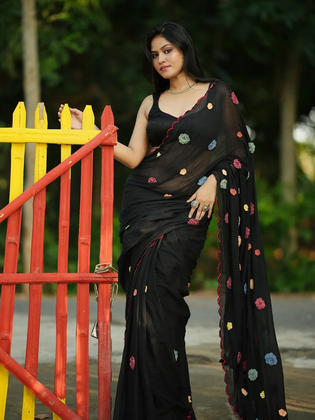 Floral Work Black Premium Mul Cotton Saree For Women