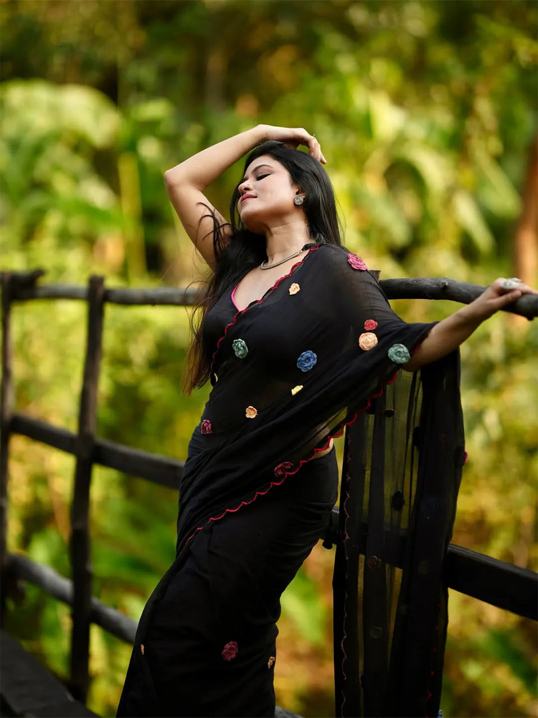 Floral Work Black Premium Mul Cotton Saree For Women