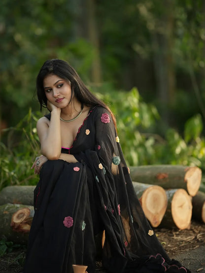 Floral Work Black Premium Mul Cotton Saree For Women