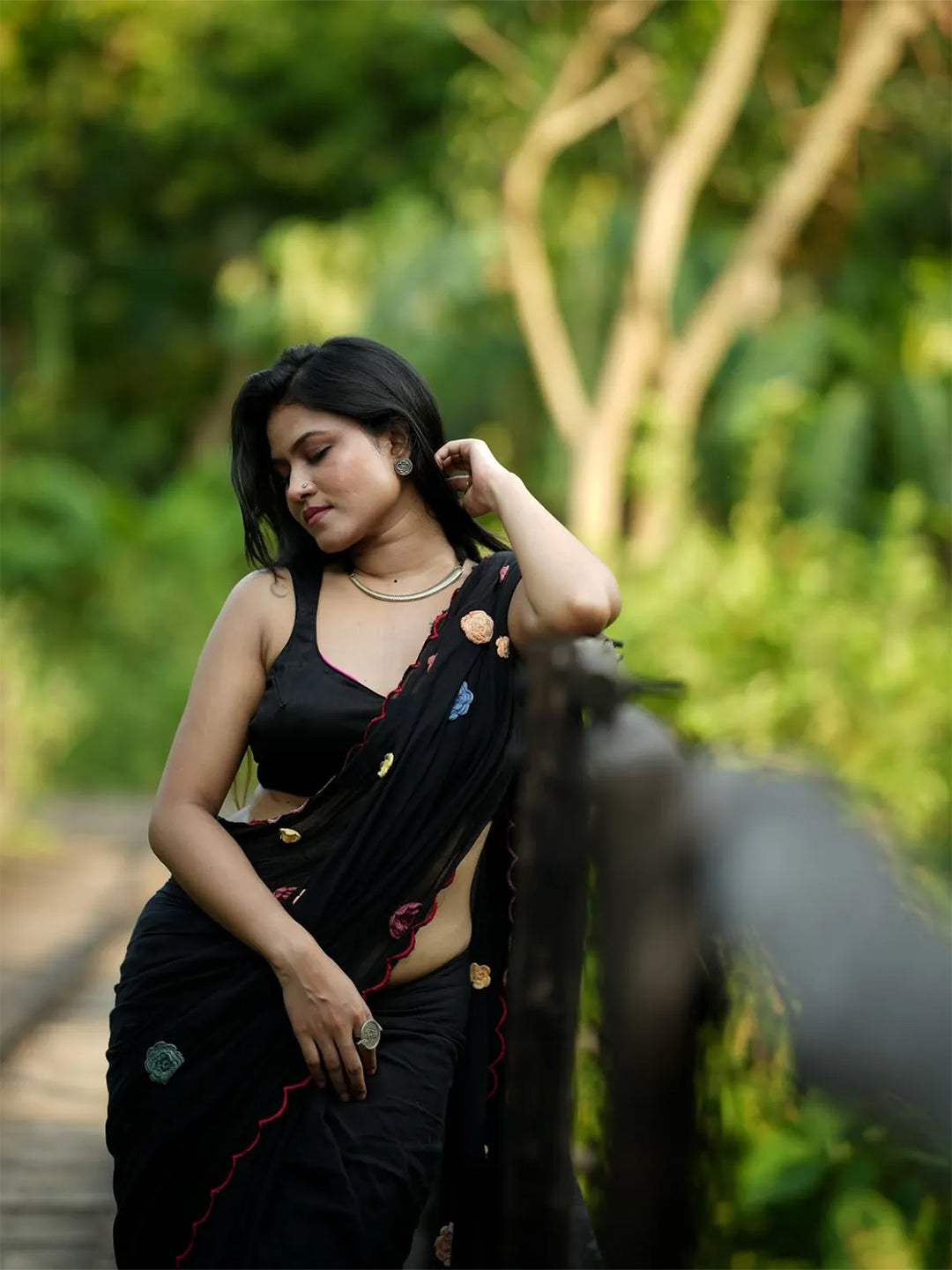 Floral Work Black Premium Mul Cotton Saree For Women