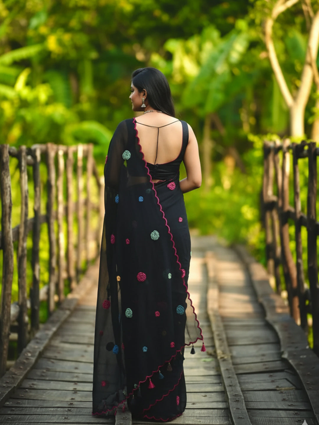 Floral Work Black Premium Mul Cotton Saree For Women