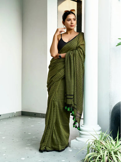 Dark Olive Green Premium Mul Cotton Saree