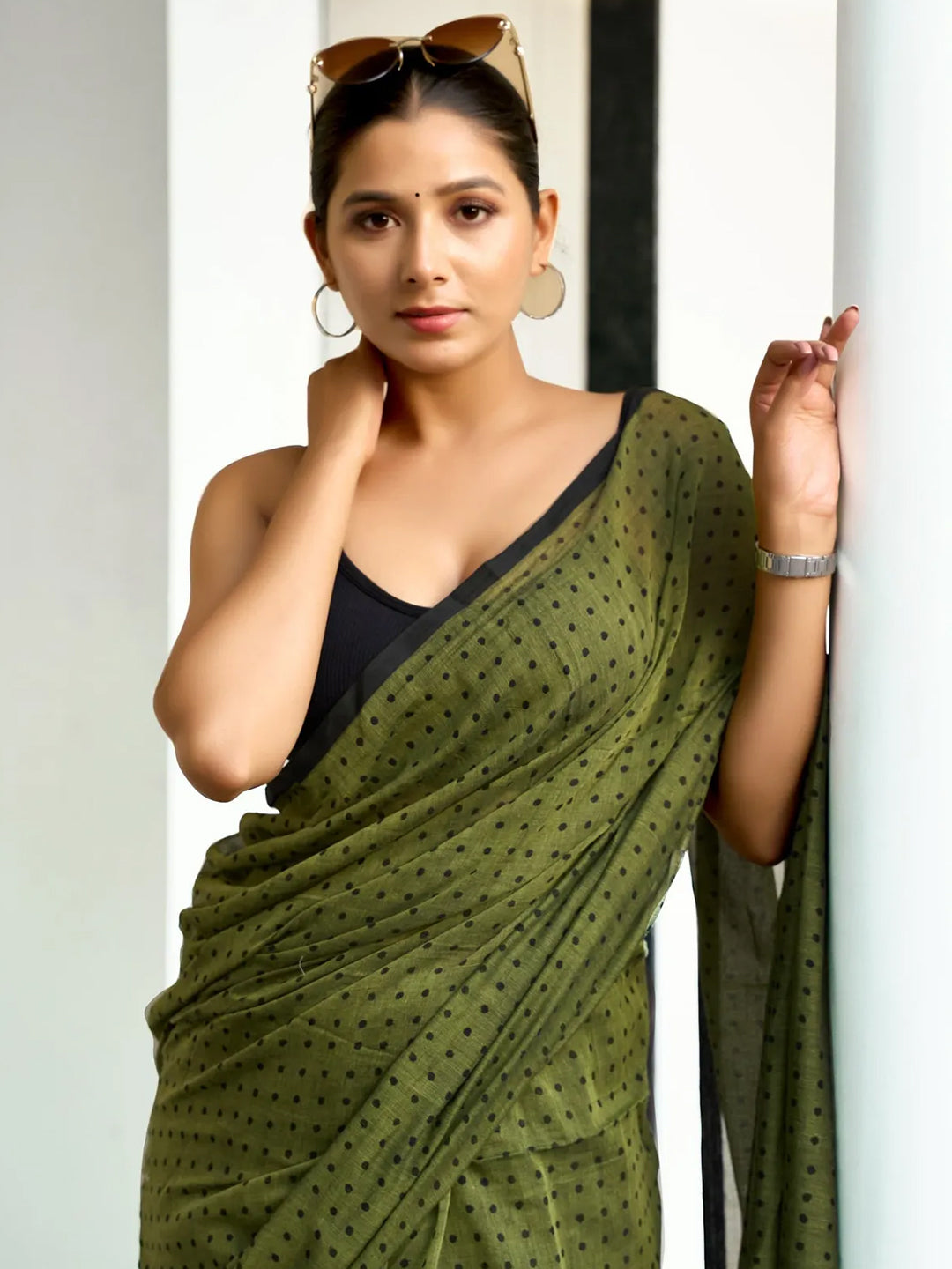 Dark Olive Green Premium Mul Cotton Saree