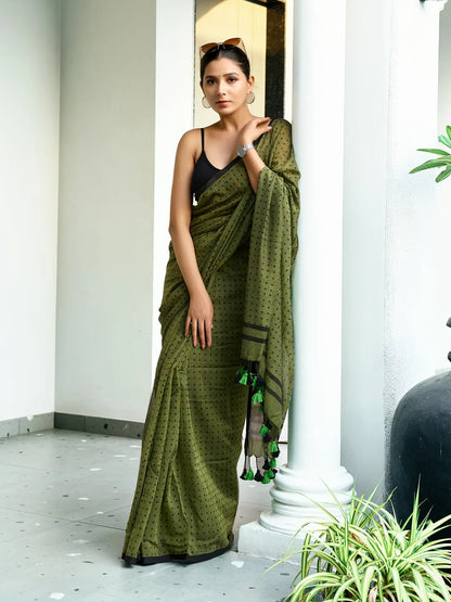 Dark Olive Green Premium Mul Cotton Saree