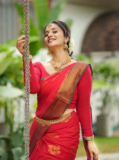 Shoe Flower Red Premium Mul Cotton Saree For Women