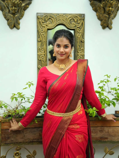 Shoe Flower Red Premium Mul Cotton Saree For Women