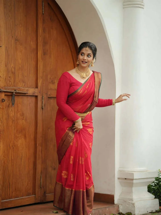 Shoe Flower Red Premium Mul Cotton Saree For Women