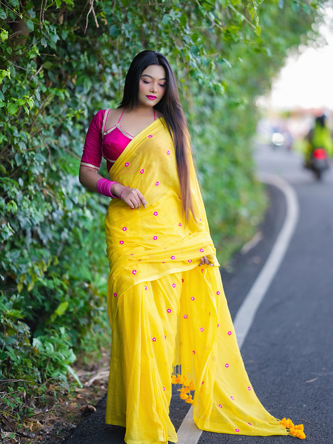 Aparna Yellow Saree With Embroidery Work Mul Cotton Saree For Women