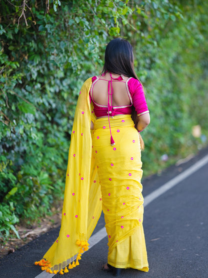 Aparna Yellow Saree With Embroidery Work Mul Cotton Saree For Women