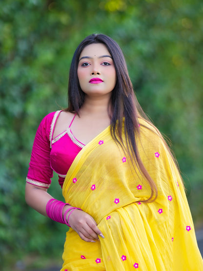 Aparna Yellow Saree With Embroidery Work Mul Cotton Saree For Women